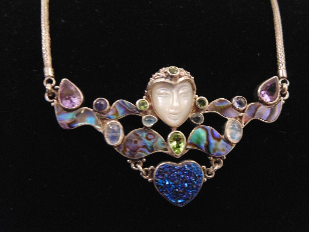 Vtg SAJEN GODDESS Sterling Silver MOP Amethyst Jemstone Bib Necklace Druzy Heart